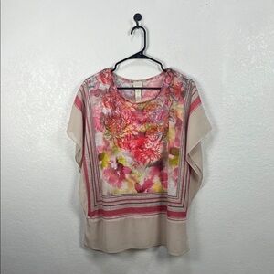 Chicos’s Womens Fina Floral Striped Top Flutter Sleeves Pink Sz 2 (Large) Casual